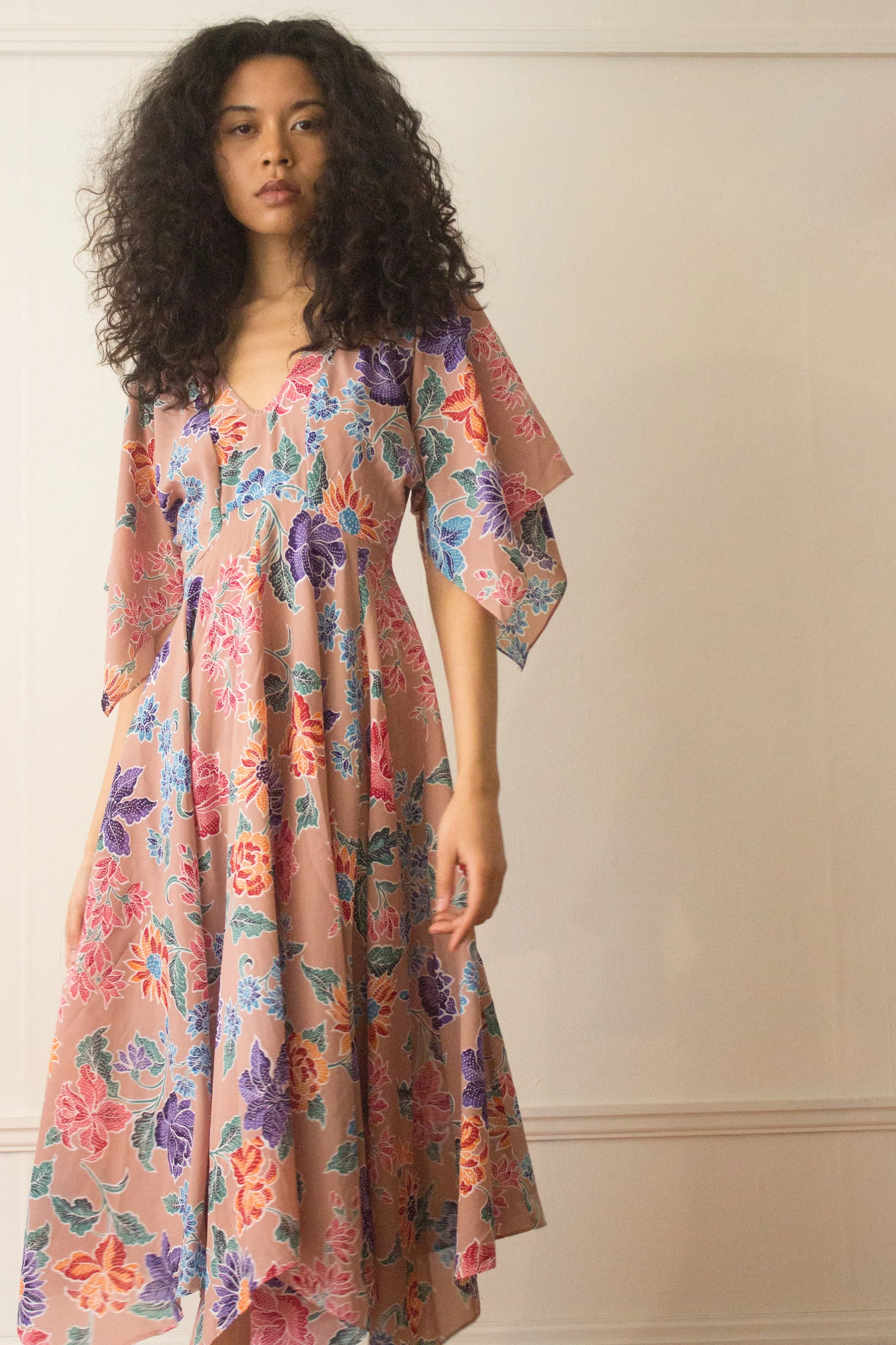 1970s Batik Floral Handkerchief Dress Wayward Collection